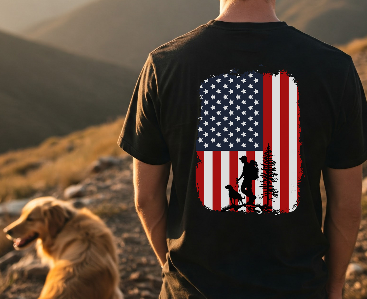 American Flag T Shirt with Hiker and Dog