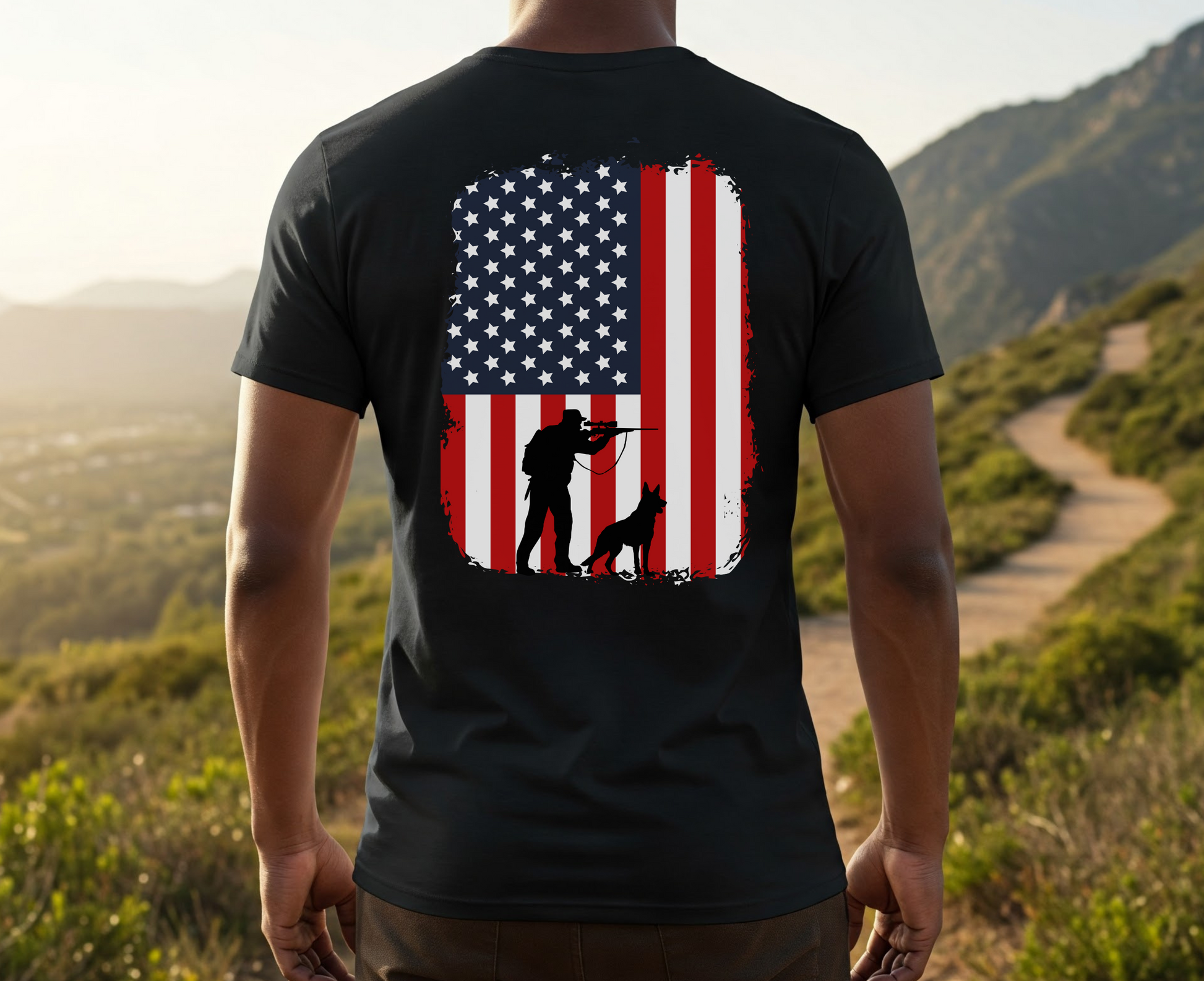 American Flag T Shirt With Military Dog and Soldier