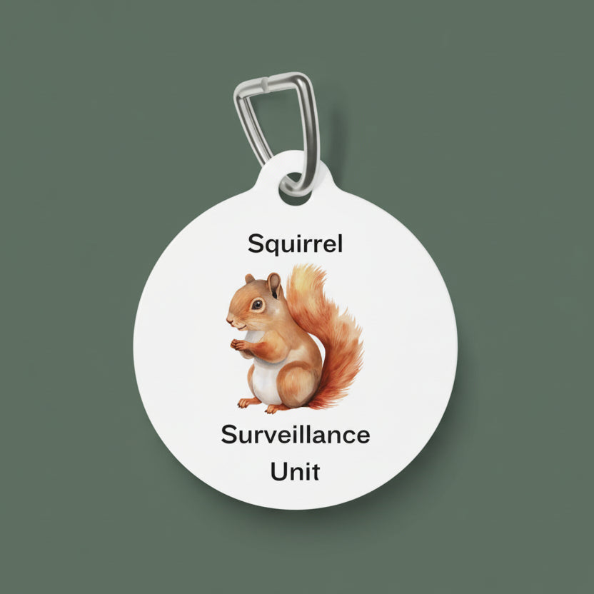 Pet tag with a squirrel illustration and text on a white background