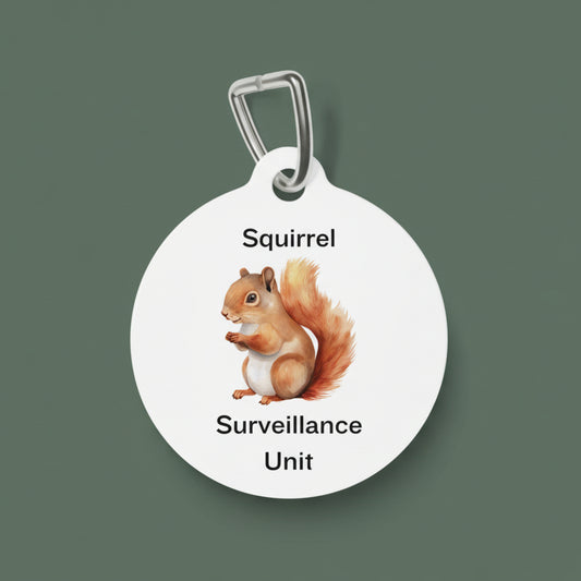 Pet tag with a squirrel illustration and text on a white background